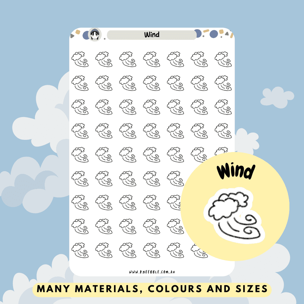 Stickers featuring designs that represent wind, including gusts and swirls, perfect for indicating windy weather conditions or adding a dynamic touch to planners and journals.