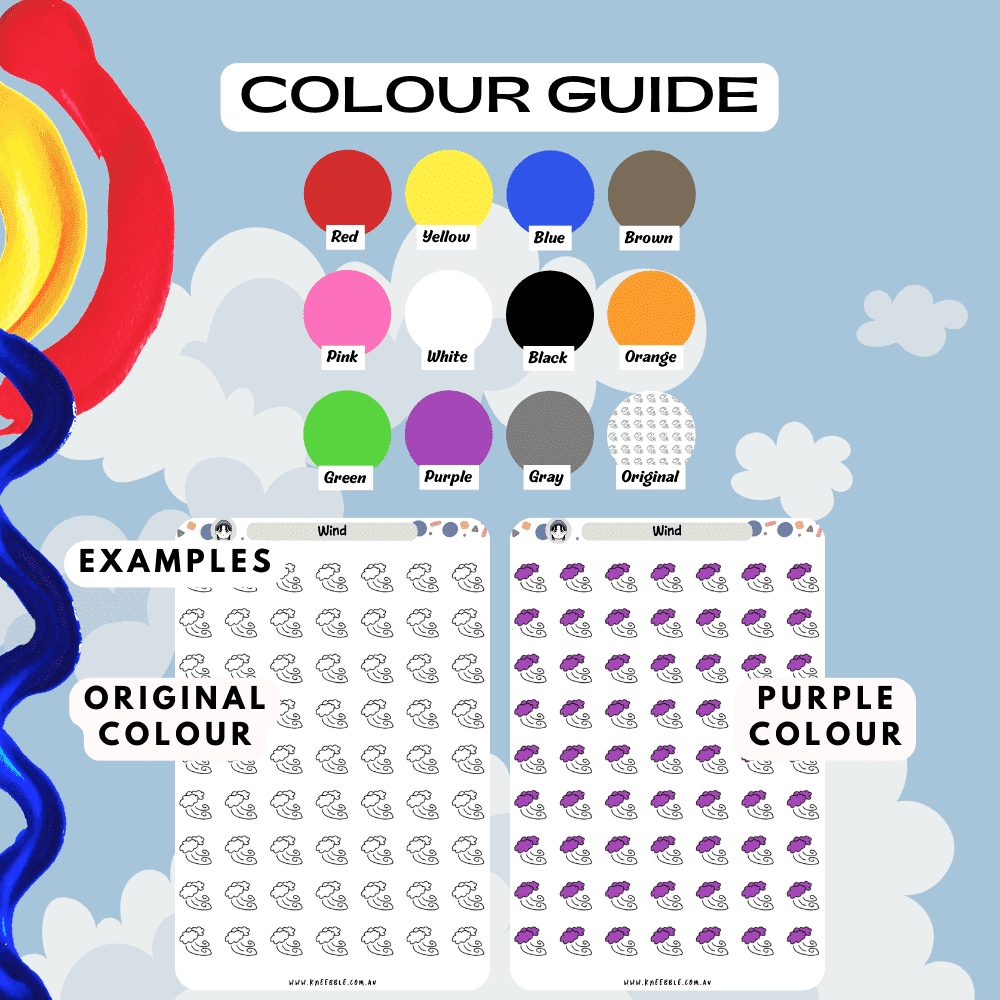 Windy weather sticker sheet colour guide reference, choose from many colours such as purple and red.