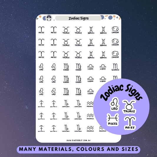 Set of colorful zodiac stickers featuring all 12 astrology signs in a celestial theme.